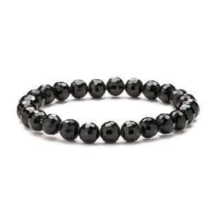 Sparkling black 8mm faceted crystal glass bead bracelet with earth bead cut design