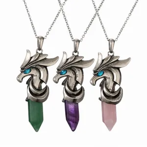 Dragon Head Pendant Necklace Retro Natural Stone Hexagonal Crystal Column Alloy Copper Gothic Fantasy Jewelry Unisex
