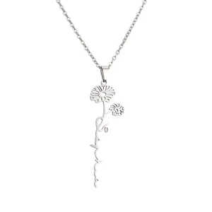 Collier fleur de naissance en acier argenté avec pendentif marguerite et nom Sophia