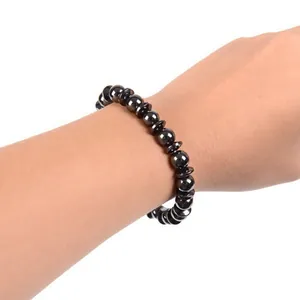Bracciale da uomo in ematite magnetica 8mm con perle nere rotonde e piatte alternate