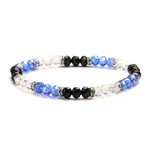 6mm colorful crystal beaded elastic bracelet with silver rings and blue black beads