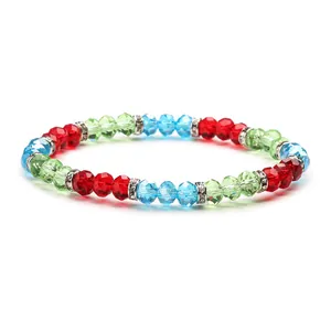 Sparkling 6mm faceted crystal glass beaded bracelet with colorful stones and rhinestone spacers