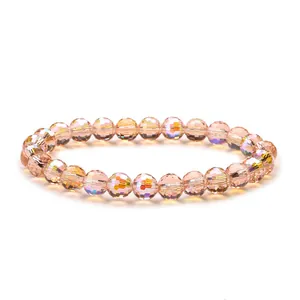 Sparkling 8mm champagne pink faceted crystal bead bracelet with iridescent AB coating