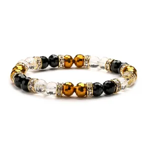 Bracelet en perles de cristal étincelantes avec pierres facettées et anneaux en strass dorés
