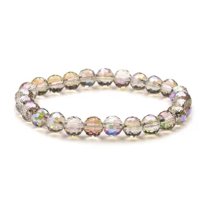 Faceted AB crystal bead bracelet with shimmering aurora coating on white background