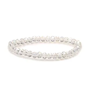 Sparkling 6mm faceted crystal glass beaded bracelet with rainbow AB color coating finish