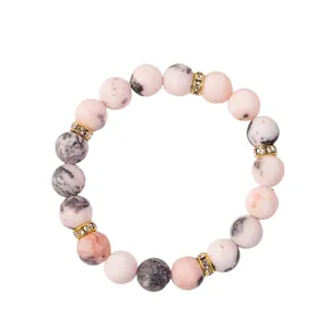 Zebra-Stein-Perlenarmband in Rosa und Grau mit goldenen Strass-Zwischenperlen und Gummizug
