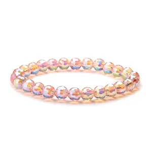 Sparkling 8mm faceted crystal bead bracelet with pink iridescent colorful coating