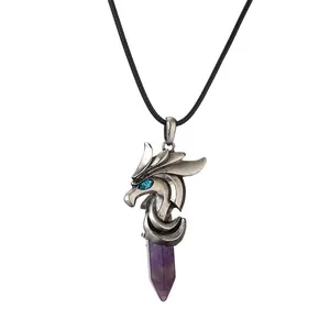 Vintage silver dragon necklace with hexagonal purple crystal pendant on black cord