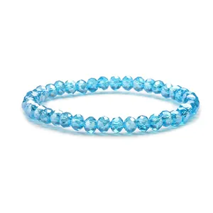 Sparkling light blue 6mm faceted crystal glass bead bracelet for women on white background