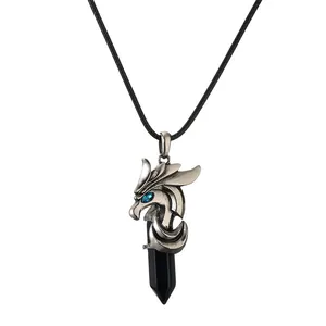 Silver dragon head necklace with hexagonal black crystal pendant and blue gem eyes