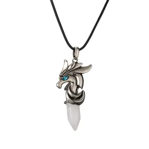 Vintage silver dragon pendant necklace with white hexagonal crystal and blue stone eye