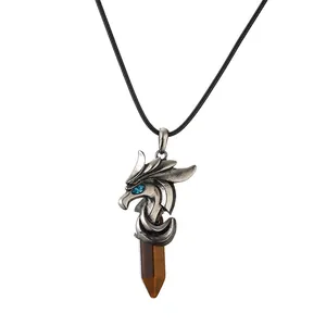 Natural crystal hexagonal pillar necklace with vintage silver dragon head and tiger eye stone