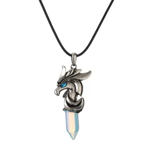 Dragon head natural crystal hexagonal column pendant with a black cord necklace