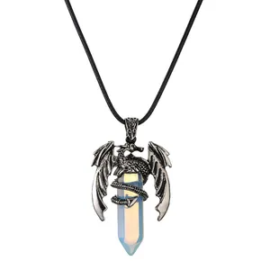 Drachen-Halskette mit hexagonalem Opal-Anhänger an schwarzer Wachskordel