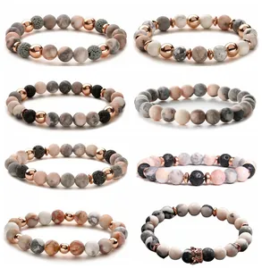 Handgefertigt Naturstein Perlenarmband Lavastein Aromatherapie Diffusor Rosa Zebra Jaspis Krone Herz Schlüssel Anhänger Schmuck