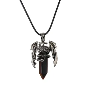 Collana con ciondolo a drago argentato con pietra di cristallo esagonale