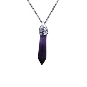 Minimalist purple amethyst hexagonal prism crystal pendant on a fine silver-toned chain