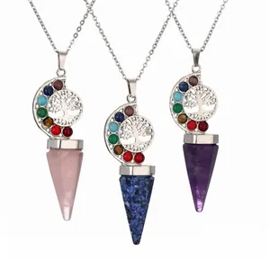 Lebensbaum 7 Chakren Heilkristall Spitze Anhänger Halskette Edelstahlkette Legierung Naturstein Amethyst Spiritueller Schmuck Unisex