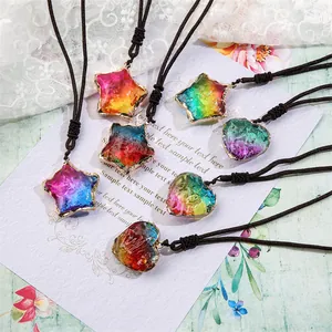 Böhmische Regenbogen Kristall Herz Stern Anhänger Halskette Retro Kupfer Legierung Glas Stein Schmuck Mit Dunkelbrauner Kordel