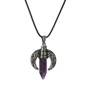 Collana minimalista con ciondolo a colonna esagonale in cristallo e luna d'argento