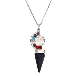 Chakra Lebensbaum Halskette mit silbernem Halbmond und blauem Kristallkegel-Anhänger