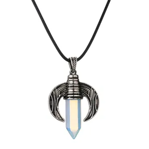Collana luna vintage con cristallo opale bianco e cordino nero intrecciato