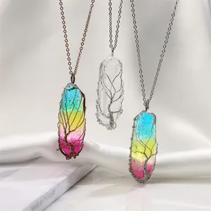 Collier Pointe De Cristal Arbre De Vie Enroulé De Fil Pendentif Pierre Naturelle Chaîne En Acier Inoxydable Pour Femmes Bijoux De Guérison