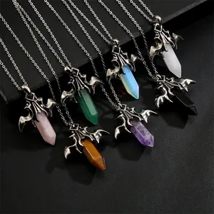 Collana Con Ciondolo Ala Di Pipistrello Pietra Di Cristallo Esagonale Naturale Lega Di Rame Gioielli Gotici Retrò
