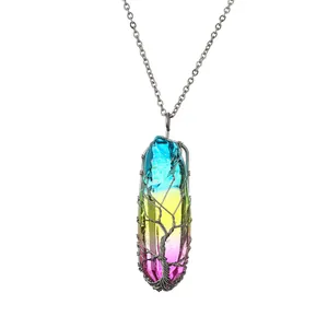 Collier pendentif Arbre de Vie en cristal dégradé coloré avec enroulement de fil d'argent