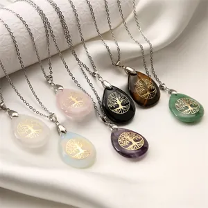 Collier Pendentif Goutte D'eau Arbre De Vie Pierre Naturelle Cristal De Soin Gemme Chaîne En Acier Inoxydable Bijoux Vintage