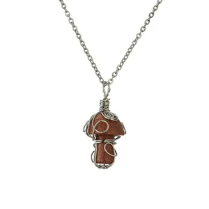 Handmade goldstone mushroom pendant necklace with silver wire wrap and chain