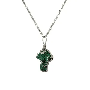 Handmade silver wire-wrapped malachite mushroom pendant necklace on a silver chain
