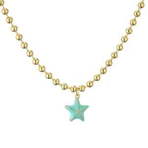 Collar de cadena de bolas dorada estilo océano con colgante de estrella de mar azul