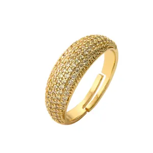 Adjustable gold plated wide band ring with multi-row pavé cubic zirconia for women