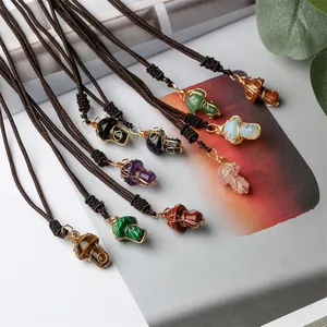 Mushroom Pendant Necklace Natural Crystal Stone Handmade Wire Wrapped Braided Rope Adjustable Vintage Jewelry Women Men