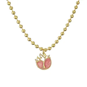 Collar de bolas doradas con colgante de árbol de la vida en esmalte rosa y cristales