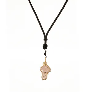 Handmade wire wrapped pink crystal mushroom pendant on dark brown woven necklace cord