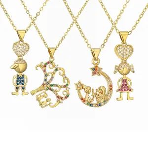 Collier Pendentif Garçon Fille Dessin Animé Cuivre Plaqué Or Zircon Coloré Arbre De Vie Lune Bijoux Cadeau Femmes