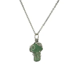 Handmade mushroom necklace with green natural stone and silver wire wrapping