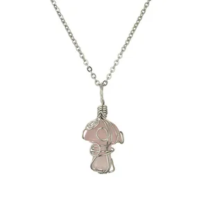Handmade wire wrapped pink crystal mushroom pendant necklace with a fine silver chain