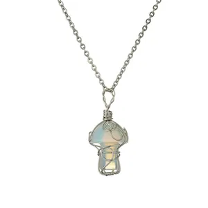Handmade silver wire wrapped blue moonstone mushroom pendant necklace with delicate chain