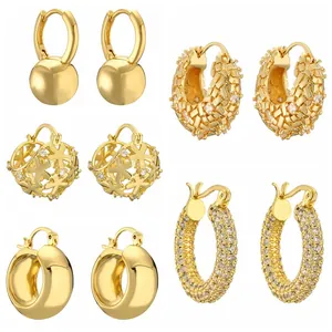 Pendientes de Aro Geométricos de Circonia de Moda Lujo Chapado en Oro de 14K Cobre Bola Colgante Joyería para Mujer