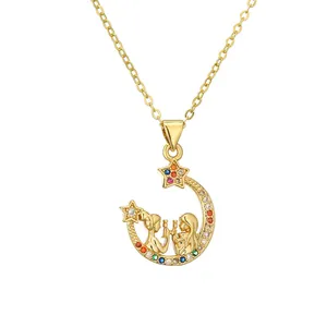 Collier pendentif lune étoile dorée avec filles et pierres de zircone colorées