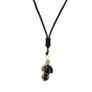Handmade wire-wrapped blue sandstone mushroom pendant necklace with golden wire