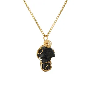 Handmade mushroom pendant necklace with black sandstone and gold wire wrapping