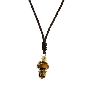 Handmade tiger eye crystal mushroom pendant necklace with golden wire wrapping