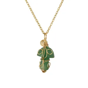 Handmade wire-wrapped natural green crystal mushroom pendant necklace on gold chain