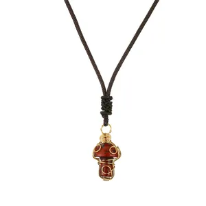Handmade wire wrapped red crystal mushroom pendant necklace with brown woven cord