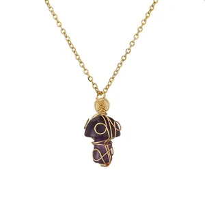 Handmade mushroom pendant necklace with purple amethyst crystal and gold wire wrap